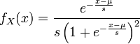  f_X (x) = \frac{e^{-\frac{x-\mu}{s}}}{s\left(1+e^{-\frac{x-\mu}{s}}\right)^2}
