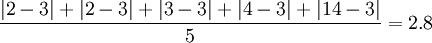 \frac{|2 - 3| + |2 - 3| + |3 - 3| + |4 - 3| + |14 - 3|}{5} = 2.8