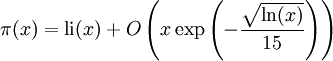 \pi(x) = \operatorname{li}(x) + O \left( x \exp \left( -\frac{\sqrt{\ln(x)}}{15} \right) \right)