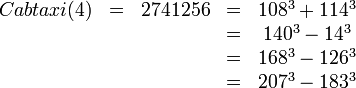\begin{matrix}Cabtaxi(4)&=&2741256&=&108^3 + 114^3 \\&&&=&140^3 - 14^3 \\&&&=&168^3 - 126^3 \\&&&=&207^3 - 183^3\end{matrix}