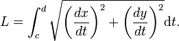L = \int_c^d \sqrt {\left(\frac {dx}{dt}\right)^2 + \left(\frac {dy}{dt}\right)^2}\mathrm d t.