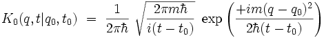 K_0(q,t|q_0,t_0) \ = \ \frac{1}{2 \pi \hbar} \ \sqrt{\frac{2\pi m \hbar}{i(t-t_0)}} \ \exp \left( \frac{ + i m(q-q_0)^2}{2 \hbar (t-t_0)}  \right)