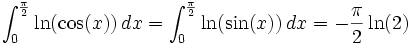 \int_0^{\frac{\pi}{2}} \ln(\cos(x))\, dx=\int_0^{\frac{\pi}{2}} \ln(\sin(x))\, dx=-\frac{\pi}{2}\ln(2)
