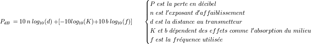 P_{dB}\ = 10\ n\ log_{10}(d)\ + [-10 log_{10} (K) + 10\ b\ log_{10}(f)] \qquad  \begin{cases} P\ est\ la\ perte\ en\ d\acute{e}cibel \\ n\ est\ l'exposant\ d'affaiblissement \\ d\ est\ la\ distance\ au\ transmetteur \\
K\ et\ b\ d\acute{e}pendent\ des\ effets\ comme\ l'absorption\ du\ milieu\ \\ 
f\ est\ la\ fr\acute{e}quence\ utilis\acute{e}e   \end{cases}