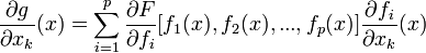 \frac{\partial g}{\partial x_k}(x)=\sum_{i=1}^{p}\frac{\partial F}{\partial f_i}[f_1 (x), f_2 (x), ... , f_p (x)]\frac{\partial f_i}{\partial x_k}(x)  