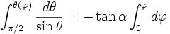 \int_{\pi/2}^{\theta(\varphi)}{d\theta\over \sin\theta}=-\tan\alpha\int_0^\varphi d\varphi