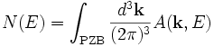  N(E) = \int_\mathrm{PZB} \frac{d^3\mathbf{k}}{(2\pi)^3} A(\mathbf{k},E)