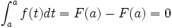 \int_a^a f(t) dt=F(a)-F(a)=0\,