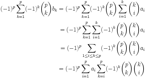 \begin{align}

(-1)^p \sum_{k=1}^p (-1)^k {p \choose k} b_k 


= (-1)^p \sum_{k=1}^p (-1)^k {p \choose k} \sum_{i=1}^k {k \choose i} a_i \\


= (-1)^p \sum_{k=1}^p \sum_{i=1}^k (-1)^k {p \choose k} {k \choose i} a_i   \\


= (-1)^p \sum_{1 \le i \le k \le p} (-1)^k {p \choose k} {k \choose i} a_i \\


= (-1)^p \sum_{i=1}^p a_i \sum_{k=i}^p (-1)^k {p \choose k} {k \choose i} \\
\end{align}
