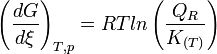 \left(\frac {dG}{d\xi}\right)_{T,p} = RT ln \left(\frac {Q_R}{K_{(T)}}\right)~