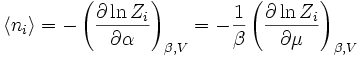 \langle n_i\rangle=-\left({\partial \ln Z_i\over \partial \alpha}\right)_{\beta,V}= -{1\over \beta}\left({\partial \ln Z_i\over \partial \mu}\right)_{\beta,V}