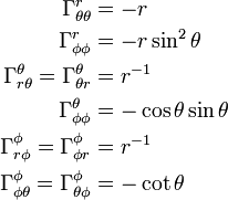 \begin{align}
\Gamma^{r}_{\theta\theta} & = -r\\
\Gamma^{r}_{\phi\phi} & = -r \sin^2\theta\\
\Gamma^{\theta}_{r\theta} = \Gamma^{\theta}_{\theta r} &= r^{-1}\\
\Gamma^{\theta}_{\phi\phi} &= -\cos\theta \sin\theta\\
\Gamma^{\phi}_{r\phi} = \Gamma^{\phi}_{\phi r} &= r^{-1}\\
\Gamma^{\phi}_{\phi\theta} = \Gamma^{\phi}_{\theta\phi} &= -\cot\theta
\end{align}

