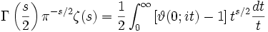 \Gamma\left(\frac{s}{2}\right) \pi^{-s/2} \zeta(s) = 
\frac{1}{2}\int_0^\infty\left[\vartheta(0;it)-1\right]
t^{s/2}\frac{dt}{t}