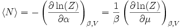 \langle N\rangle=-\left({\partial\ln(Z) \over \partial \alpha}\right)_{\beta,V}=
{1\over \beta}\left({\partial\ln(Z) \over \partial \mu}\right)_{\beta,V}