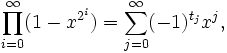  \prod_{i=0}^{\infty} (1 - x^{2^{i}}) = \sum_{j=0}^{\infty} (-1)^{t_j} x^{j} \mbox{,} \! 