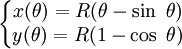 \left\{\begin{matrix}  x(\theta)=R(\theta - \sin\ \theta) \\ y(\theta)=R(1 - \cos\ \theta)\end{matrix}\right.