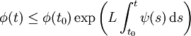 \phi(t)\leq \phi(t_0) \exp\left(L\int_{t_0}^t \psi(s)\, \mathrm{d} s\right)
