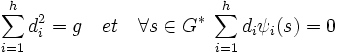 \sum_{i=1}^h d_i^2 = g \quad et \quad \forall s \in G^*\; \sum_{i=1}^h d_i \psi_i(s)=0