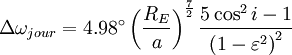 \Delta \omega_{jour}  = 4.98^\circ \left( {\frac{{R_{E} }}{a}} \right)^{\frac{7}{2}} \frac{{5\cos ^2 i - 1}}{{\left( {1 - \varepsilon ^2 } \right)^2 }}