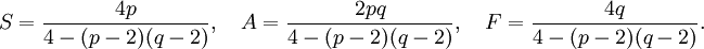 S = \frac{4p}{4 - (p-2)(q-2)},\quad A = \frac{2pq}{4 - (p-2)(q-2)},\quad F = \frac{4q}{4 - (p-2)(q-2)}.