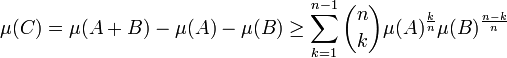 \mu(C) = \mu(A + B) - \mu(A) - \mu(B) \ge \sum_{k=1}^{n-1} \binom{n}{k} \mu(A)^{\frac kn}\mu(B)^{\frac {n-k}n}