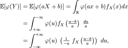 \begin{align}\mathbb{E}[\varphi(Y)] &= \mathbb{E}[\varphi(aX+b)]  = \int_{\mathbb{R}}\varphi(ax+b)f_X(x)dx
\\
&= \int_{+\infty}^{-\infty}\varphi(u)f_X\left(\tfrac{u-b}{a}\right)\ \tfrac{du}{a}
\\
&= \int_{-\infty}^{+\infty}\varphi(u)\ \left(\tfrac{1}{-a}\ f_X\left(\tfrac{u-b}{a}\right)\right)\ du,\end{align}
