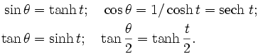 \begin{align}{\color{white}\dot{{\color{black}\sin \theta}}}&=\tanh t;\quad\cos\theta =1/\cosh t=\mbox{sech } t ;\\
\tan \theta&=\sinh t;\quad\tan\frac{\theta}{2}=\tanh\frac{t}{2}.\end{align}\,\!