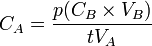 C_A = \frac{p(C_B \times V_B)}{tV_A}