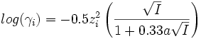 log  (\gamma_i) = - 0.5 z_i^2 \left ( \frac{\sqrt{I}}{1 + 0.33 a \sqrt{I}} \right ) \,\!
