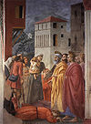 XII=La distribuzione dei beni e la morte di Anania e Saffira, Masaccio