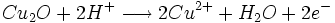 Cu_2O + 2 H^+ \longrightarrow 2 Cu^{2+}+ H_2O + 2 e^-\,