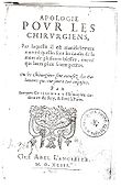 Frontispice de l'Apologie pour les chirurgiens de 1593