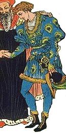 Illustration de Walter Crane montrant le roi qui offre des habits royaux au fils du meunier