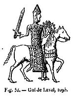 sceau de gui de laval en 1095.  Il porte un "haubert" de broigne "demie clour" avec camail intégré