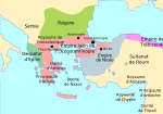 L'Empire en 1204 (chute de Constantinople) et en 1230, divisé en trois parties : l'Empire de Nicée, l'Empire de Trébizonde et le Despotat d'Épire. Constantinople est aux Croisés latins.