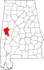 Localisation du Comté de Greene (Alabama) (en rouge) dans l'Alabama
