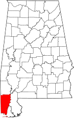 Localisation du comté de Mobile (en rouge) dans l'Alabama
