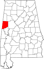 Localisation du comté de Pickens (en rouge) dans l'Alabama
