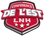 Logo de la conférence Est représentant un écusson rouge sur lequel est inscrit Conférence de l'Est LNH et 3 étoiles