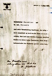 Ordre de Hitler daté du 1er septembre 1939