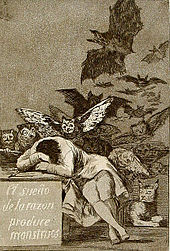 Dessin qui représente un homme endormi, la tête posée sur les bras croisés sur un bureau dont la face avant porte la mention, en espagnol, « le songe de la raison produit des monstres ». Dans son dos et au-dessus de lui évolue un nuée de chauve-souris.