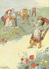 Illustration de 1885 représentant le chat parlant à des paysans