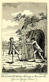 Une gravure de deux hommes. Sur la droite, un homme se tient debout à l'entrée d'une grotte, pointant une longue arme à feu sur l'épaule de l'autre homme. Le coup vient d'être tiré. L'autre homme, qui porte une arme similaire a une expression de choc sur le visage.