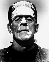 Tête de Boris Karloff dans son costume de Frankenstein.