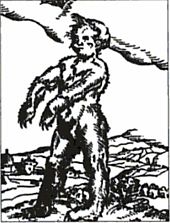 Gravure représentant un personnage debout, de trois quarts droite, couvert de poils, dont les mains et les pieds sont des pattes d'ours.  La silhouette est gigantesque par rapport au village inscrit dans un paysage vallonné qui constitue la base de l'œuvre.
