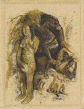 Ce dessin présente une femme, nue, tournant le dos à un ensemble d'êtres et d'animaux cauchemardesques, dont un serpent, qui semblent devoir l'entourer et l'envahir.