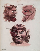 Dessin de trois portraits d'incube. Un profil doit, dénommé Theutus, est prognate, barbu, avec oreille en pointe et corne émergeant d'une chevelure bouclée ; un autre, gauche, nommé Asmodeus, bouche ouverte, rappelle le profil d'un félin. En dessous, l'Incubus est représenté de face, souriant, grande oreilles pointues, avec barbe et cheveux bouclés dont émergent à partir du centre deux cornes couchées.