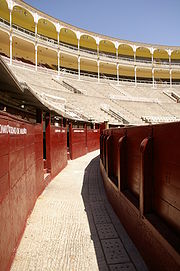 photo couleur de format vertical, montrant le couloir d'une arène (le Callejon) vue en perspective circulaire