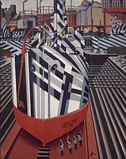 Peinture à l'huile représentant un navire en cale sèche, bariolé de rayures noires et blanches, avec quatre ouvriers à l'avant en train de peindre la proue en rouge.