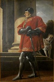 Portrait d'Olivier V de Clisson, debout de profil, tourné vers la gauche. Il porte une armure de plates et est recouvert d'une tunique rouge à liseré d'or. Sur son flanc gauche il porte à deux mains l'épée de connétable. À l'arrière plan, une colonne antique et un chien blanc à taches brunes qui observe Clisson.